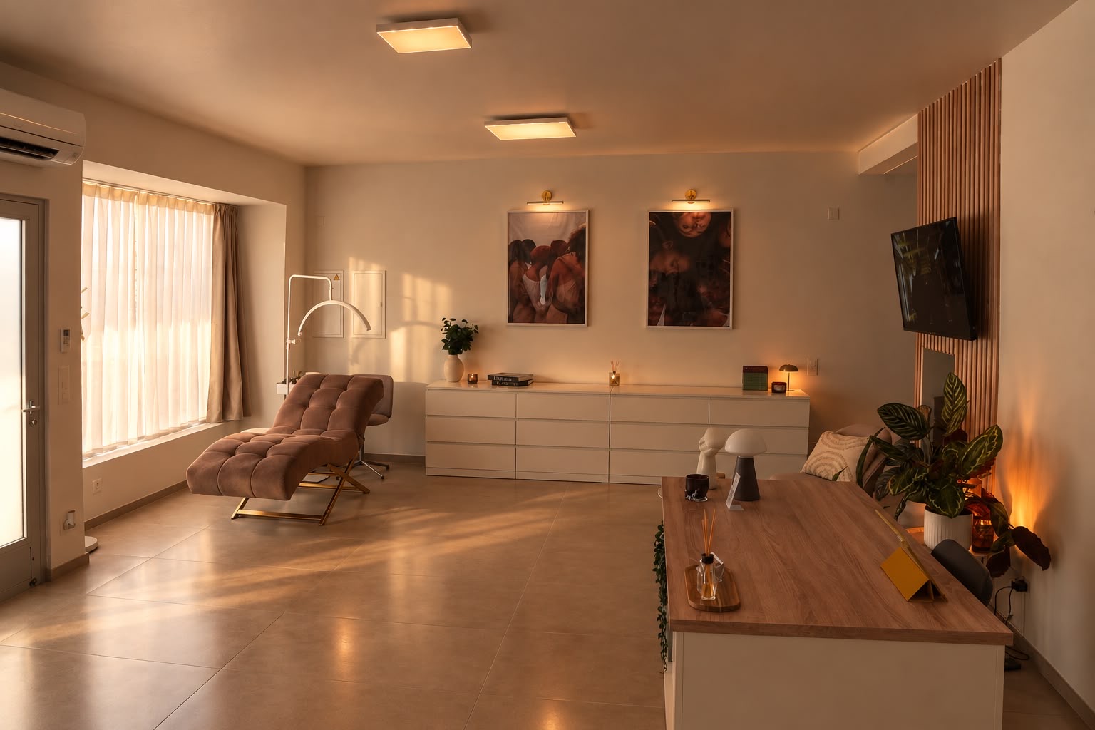 L'interno luminoso dello studio con lettino, piante e dettagli eleganti